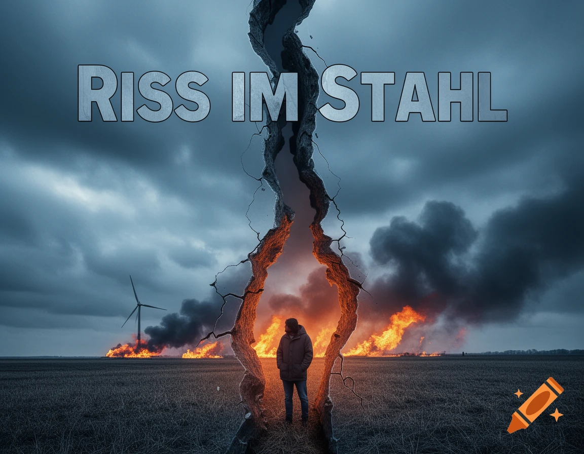 A man stands in a dark field, looking through a giant crack at a burning wind turbine under a stormy sky, with 'RISS IM STAHL' above.
