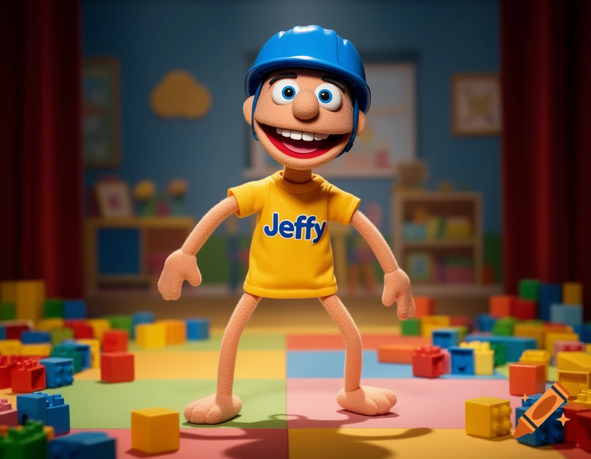 A puppet character named Jeffy with a blue helmet and yellow shirt stands in a playroom filled with colorful building blocks.