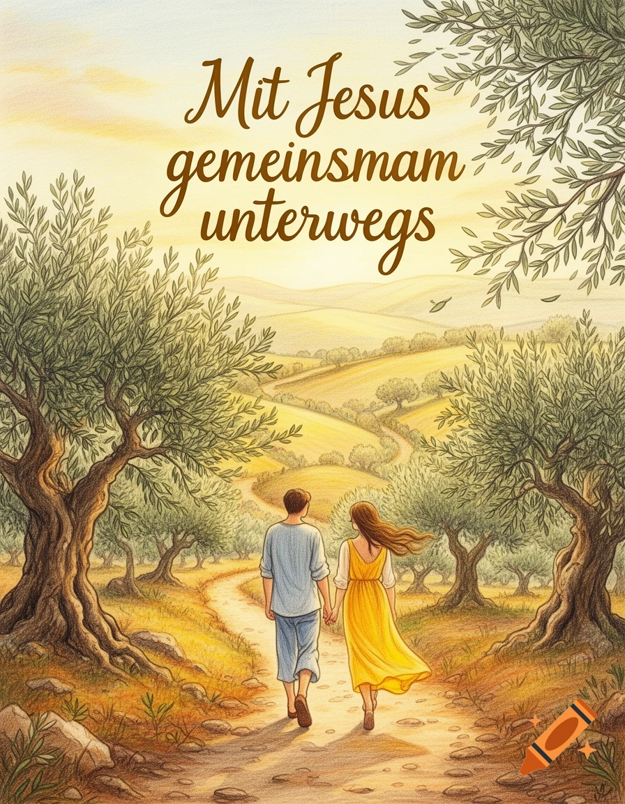 Colorful drawing of a couple holding hands, walking on a path through an olive grove landscape. Religious text overhead.