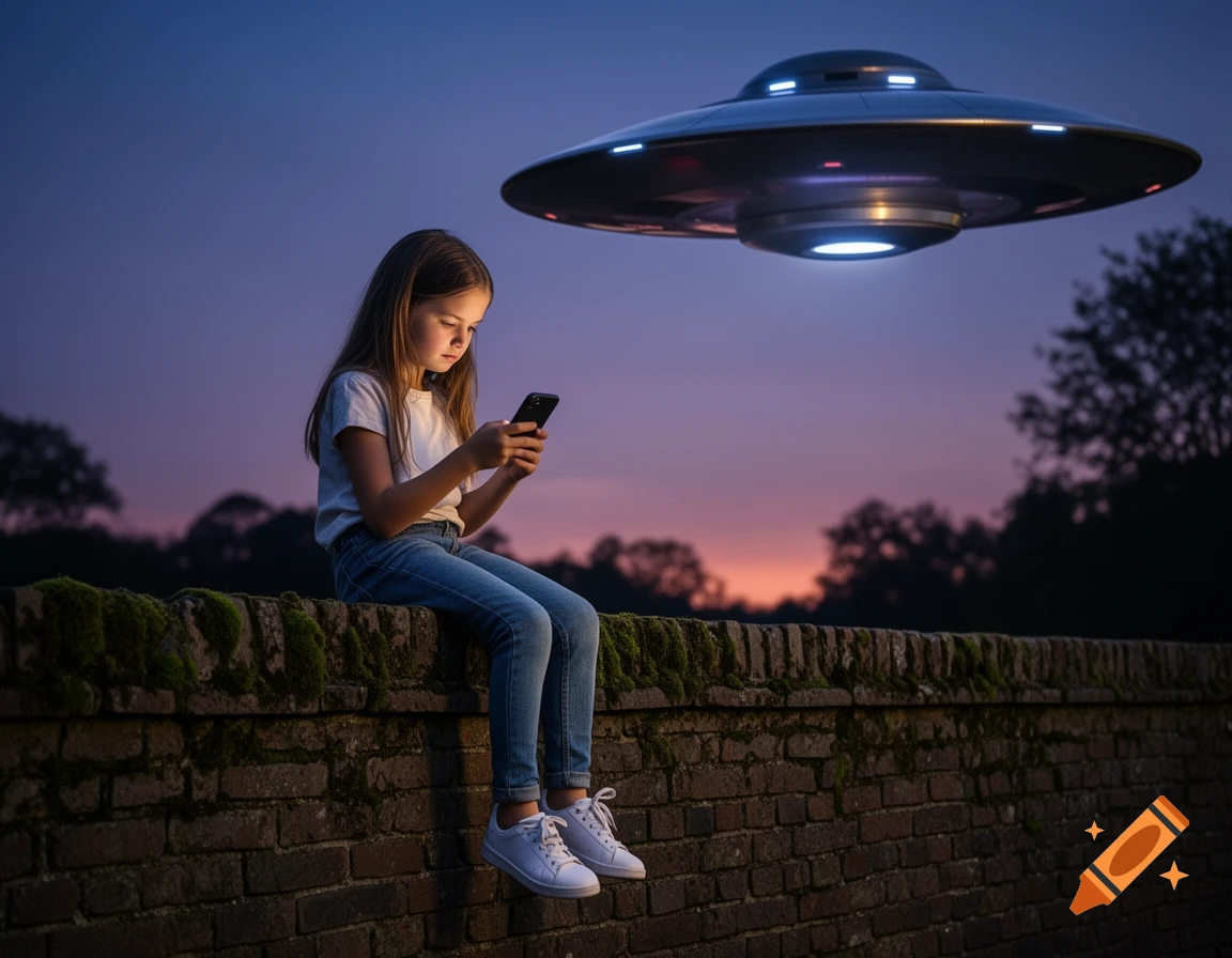 A young girl sits on a mossy brick wall, engrossed in her phone, as a UFO hovers in the twilight sky.