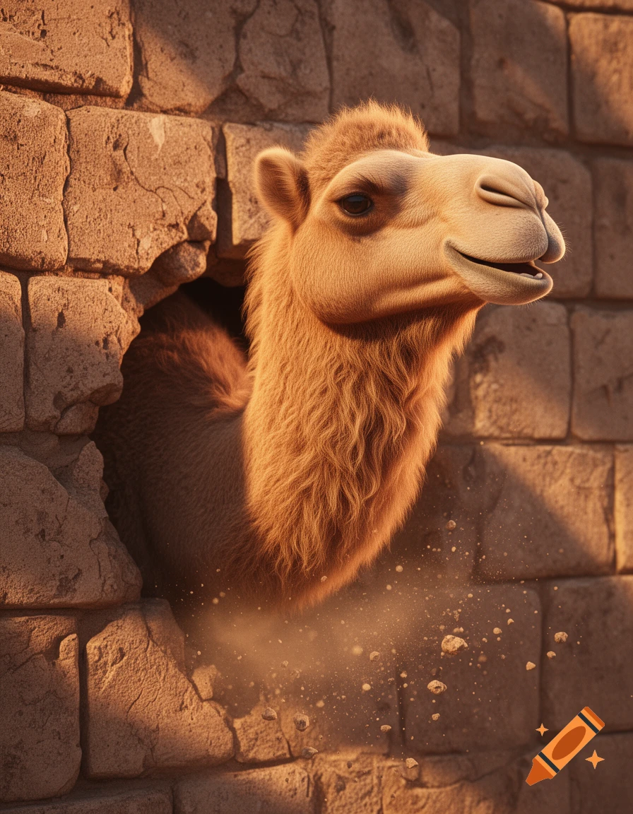A photorealistic 3D camel's head emerges from a broken brick wall, with dust and debris flying.