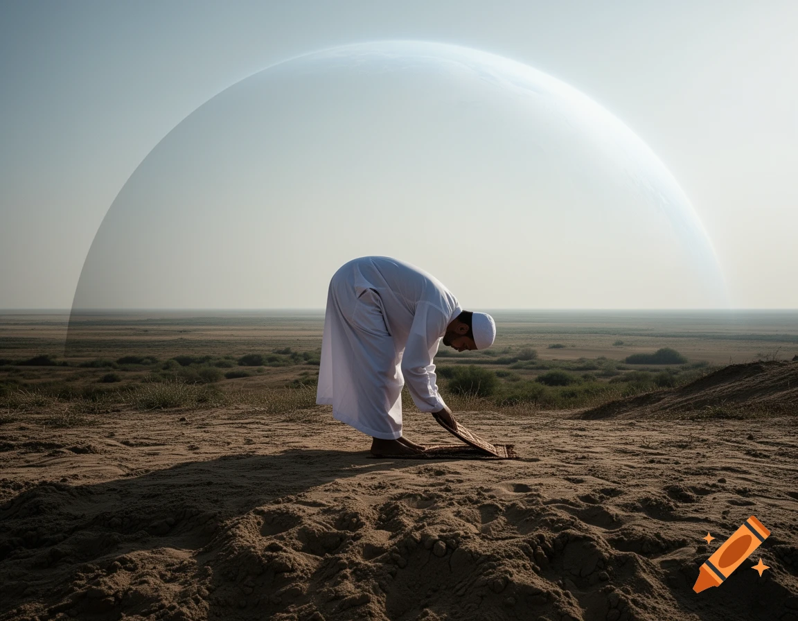 A Muslim man in white attire kneels on a prayer mat on sandy terrain, bowing under a vast sky with a giant celestial sphere.