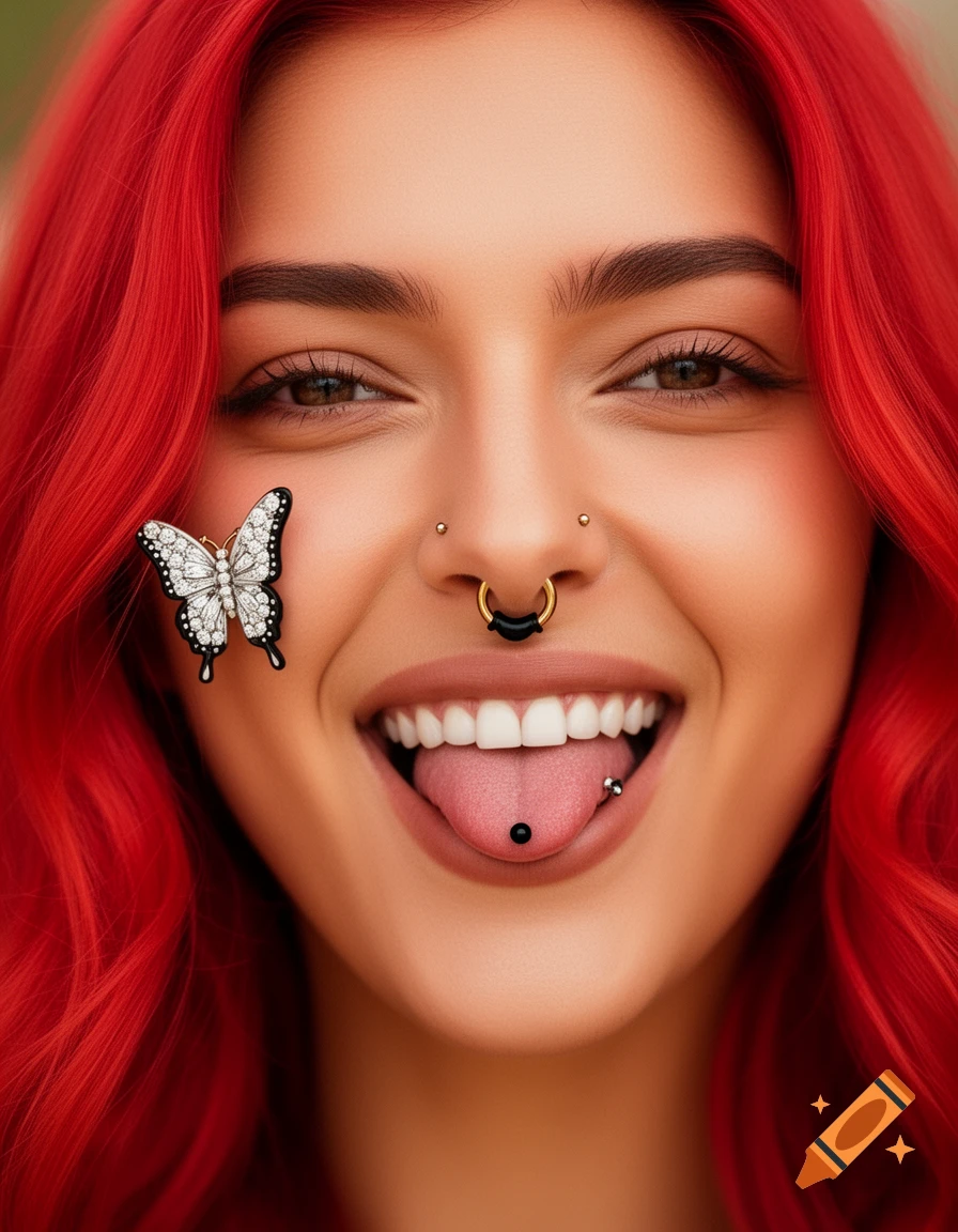 Close-up portrait of a smiling woman with bright red hair, a large butterfly on her cheek, and multiple facial and tongue piercings.