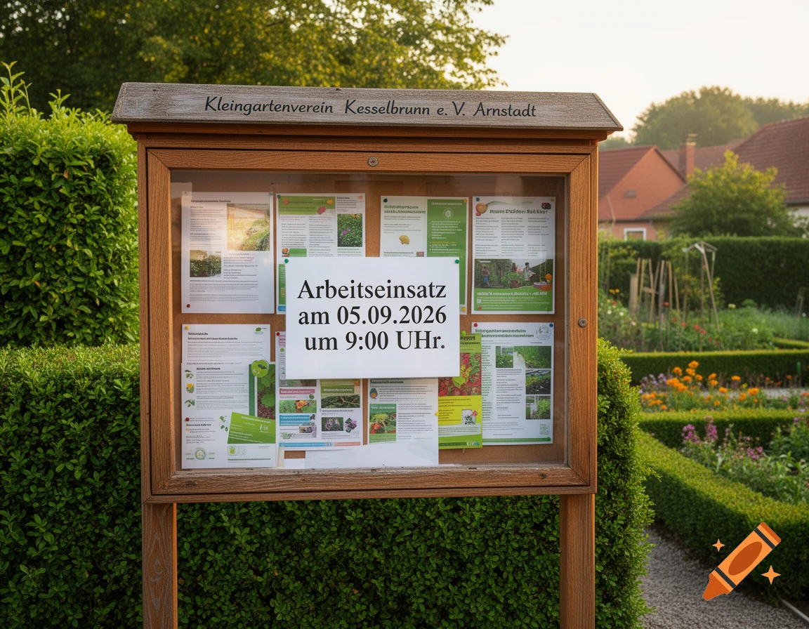 A wooden bulletin board stands amidst green hedges in a sunny garden, displaying community notices and an announcement for a work day.