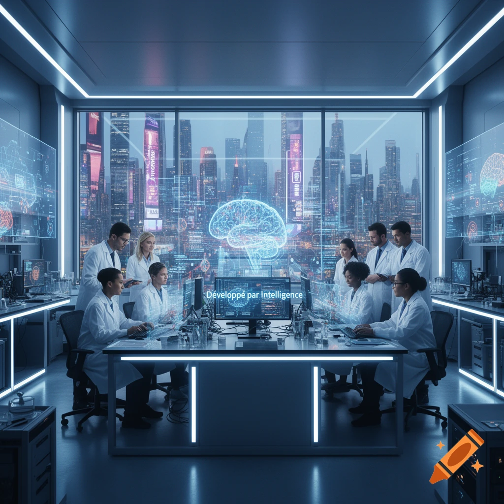Photorealistic scientists in a futuristic lab with glowing screens and a holographic brain, overlooking a city skyline at dusk.