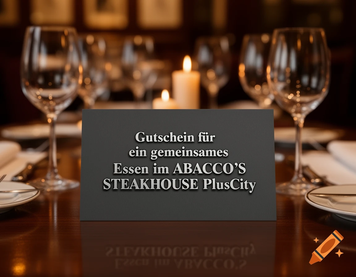 A photorealistic image of a gift voucher for a shared meal at ABACCO'S STEAKHOUSE PlusCity, placed on a dark wooden table in a dimly lit restaurant with wine glasses and candles.