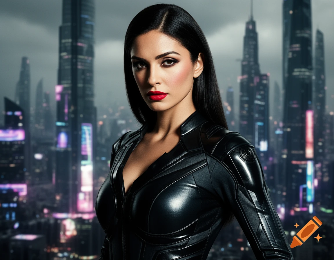 A photorealistic portrait of a woman in a sleek black leather suit against a futuristic city skyline.