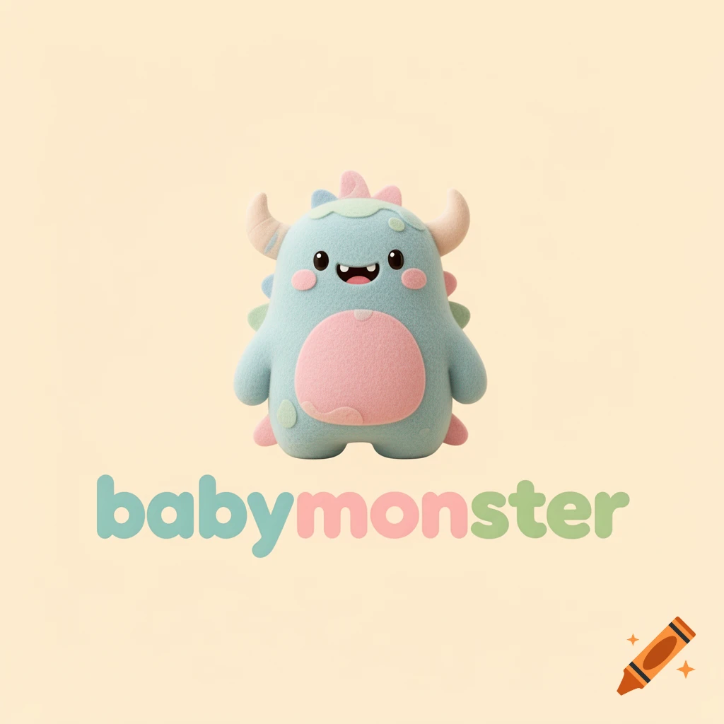 A cute, light blue plush monster with pink belly and horns, and green/pink spikes, stands on a pale yellow background with the text 'babymonster' below it.