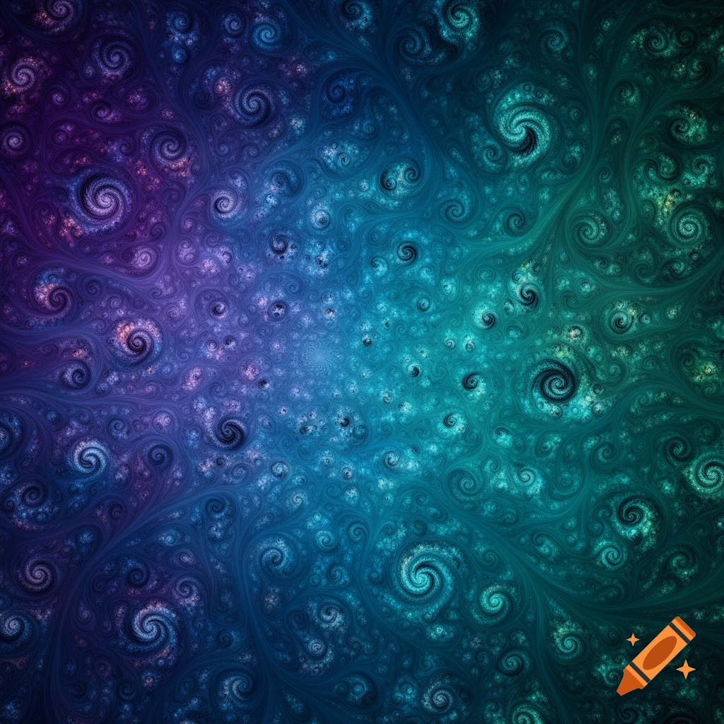 A vibrant abstract fractal pattern featuring swirling tendrils in blue, purple, and teal gradients.