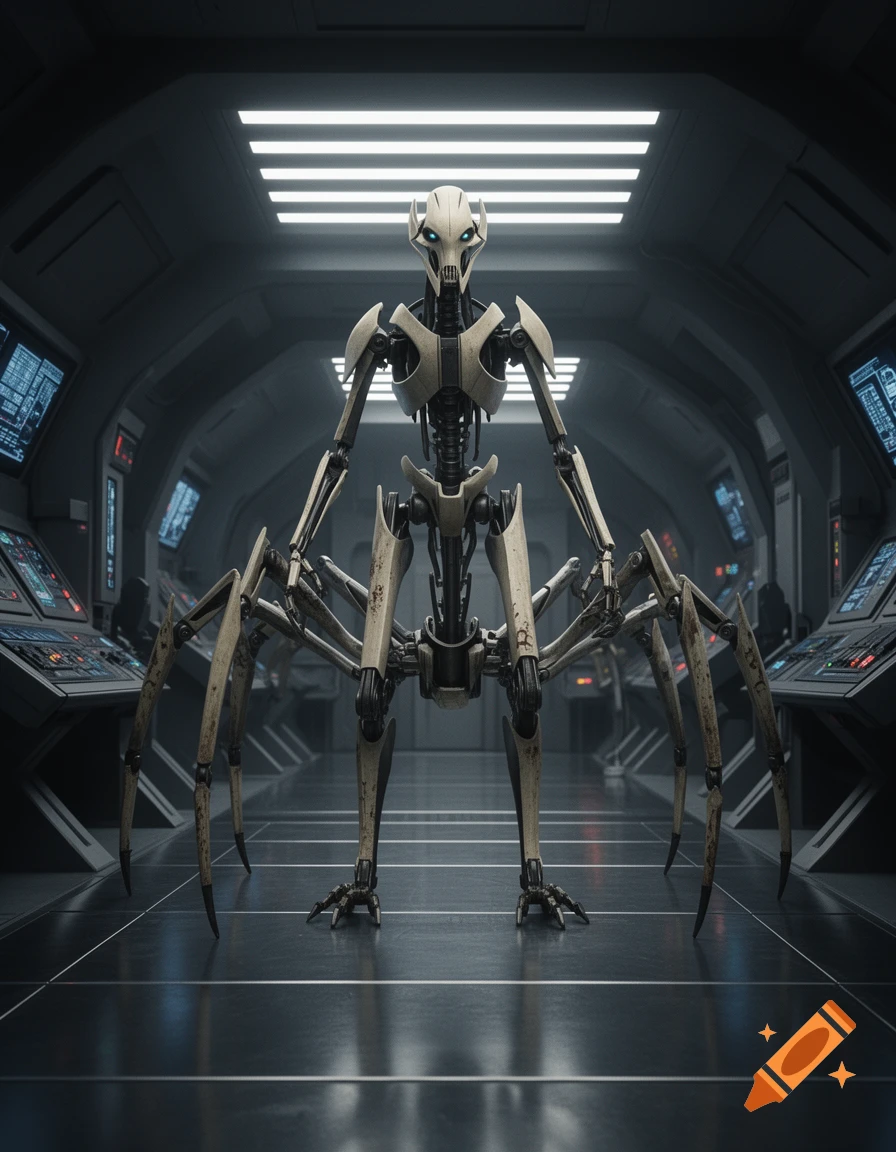 Photorealistic image of General Grievous with multiple spider-like legs, standing in a dark, futuristic spaceship corridor.