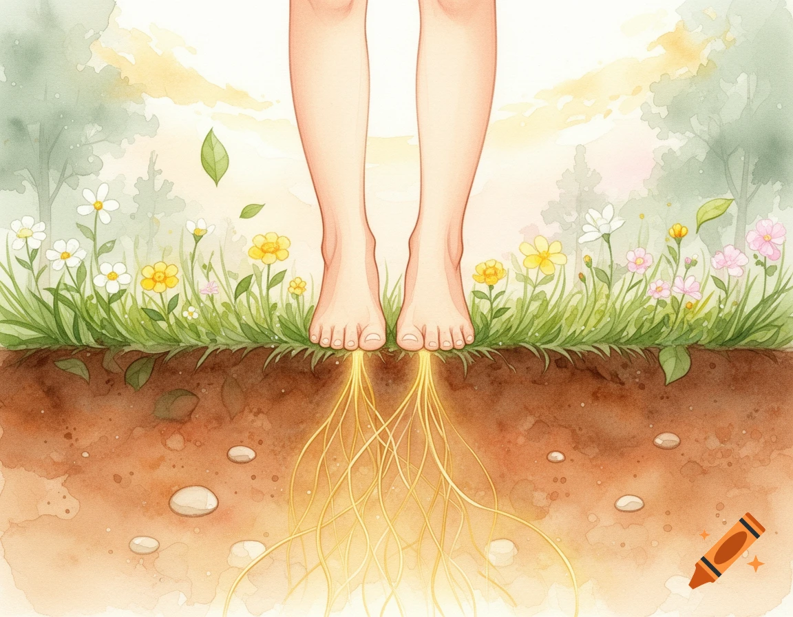 Watercolor painting of bare feet with golden roots extending into soil, surrounded by grass, wildflowers, and a soft landscape.