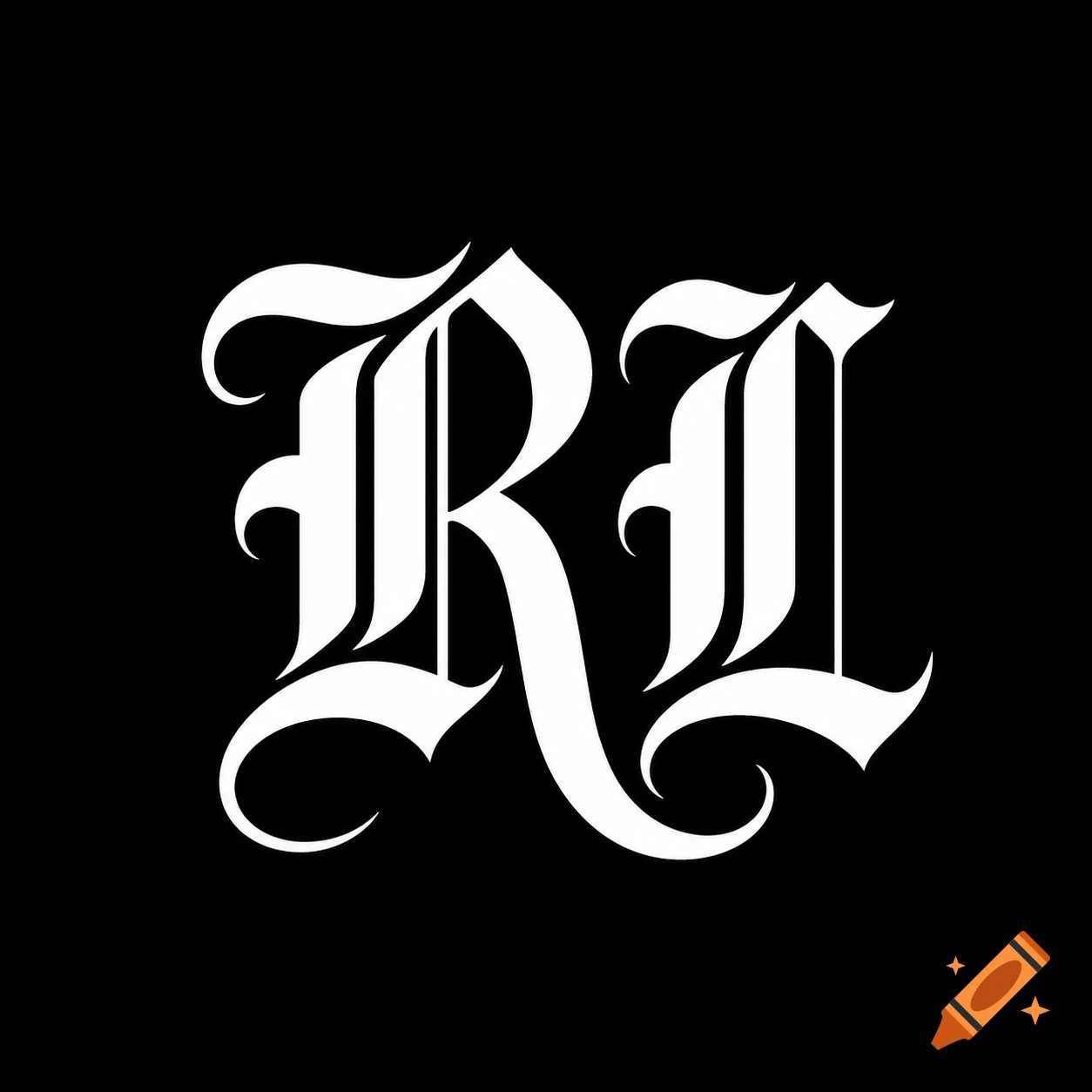 White stylized gothic initials 'RL' on a black background.