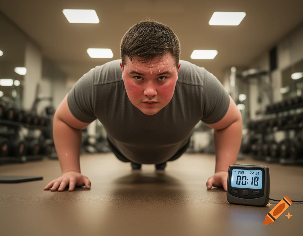 A young man, flushed and sweating, in a gray t-shirt doing a push-up in a gym, viewed from a low angle. A digital timer on the floor shows 00:18.