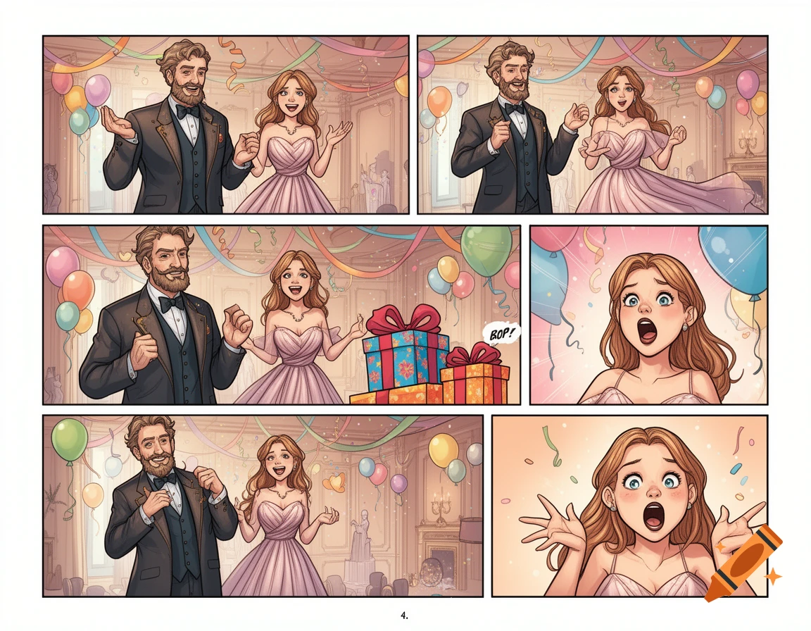 A comic strip showing a man and woman at a birthday party, with gifts and balloons, and the woman reacting with surprise.