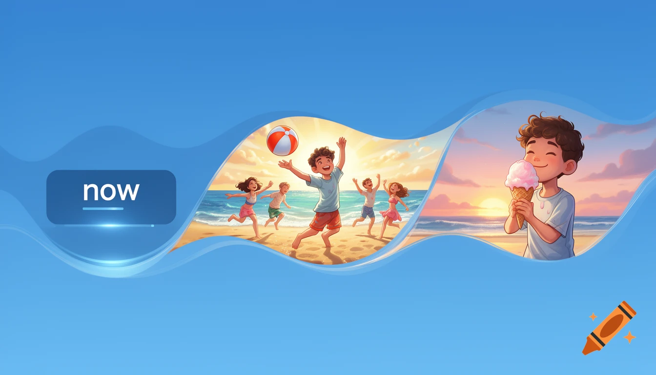 Cartoon illustration of children playing on a beach and a boy eating ice cream at sunset, part of a blue timeline graphic with 'now'.