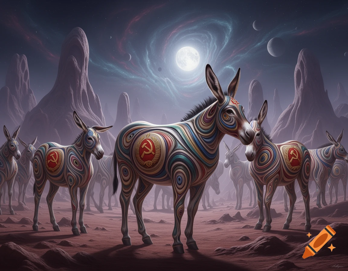 A herd of donkeys with colorful, swirling patterns and the hammer and sickle symbol on their sides stand in a surreal, alien landscape under a full moon and cosmic sky.
