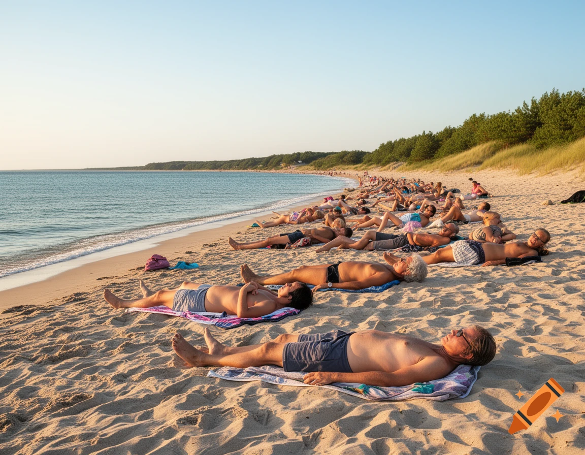 Numerous people sunbathing on a sandy beach next to the clear blue ocean, with a green tree-lined coast in the distance.