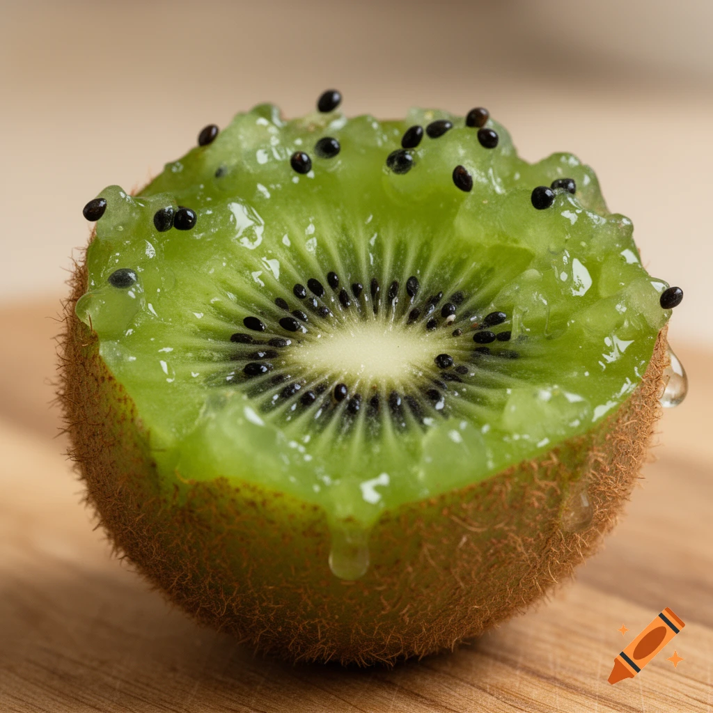 Close-up of a halved, juicy kiwi fruit with prominent seeds, on a wooden surface.