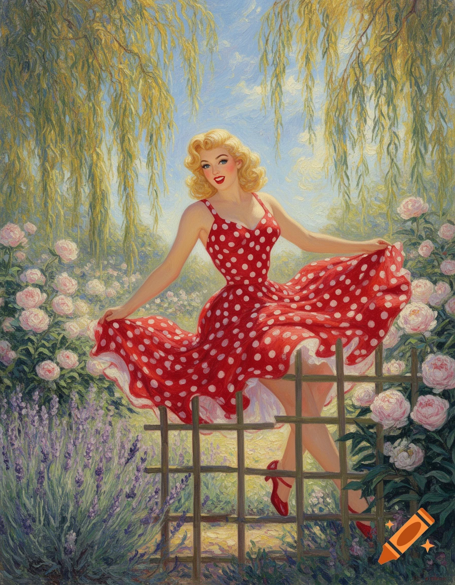 Impressionistic painting of a blonde pinup girl in a red polka-dot dress tripping over a garden trellis, skirt billowing, amidst willows and flowers.