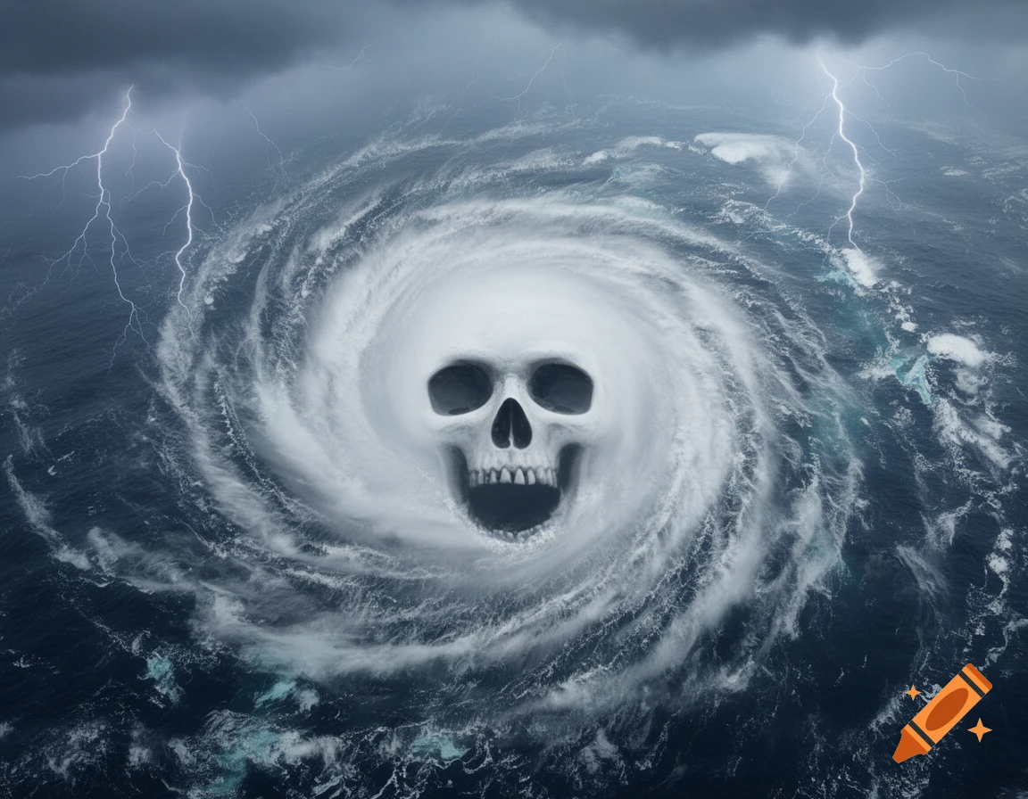 A powerful hurricane with a skull-shaped eye rages over a dark ocean under a stormy sky with lightning.
