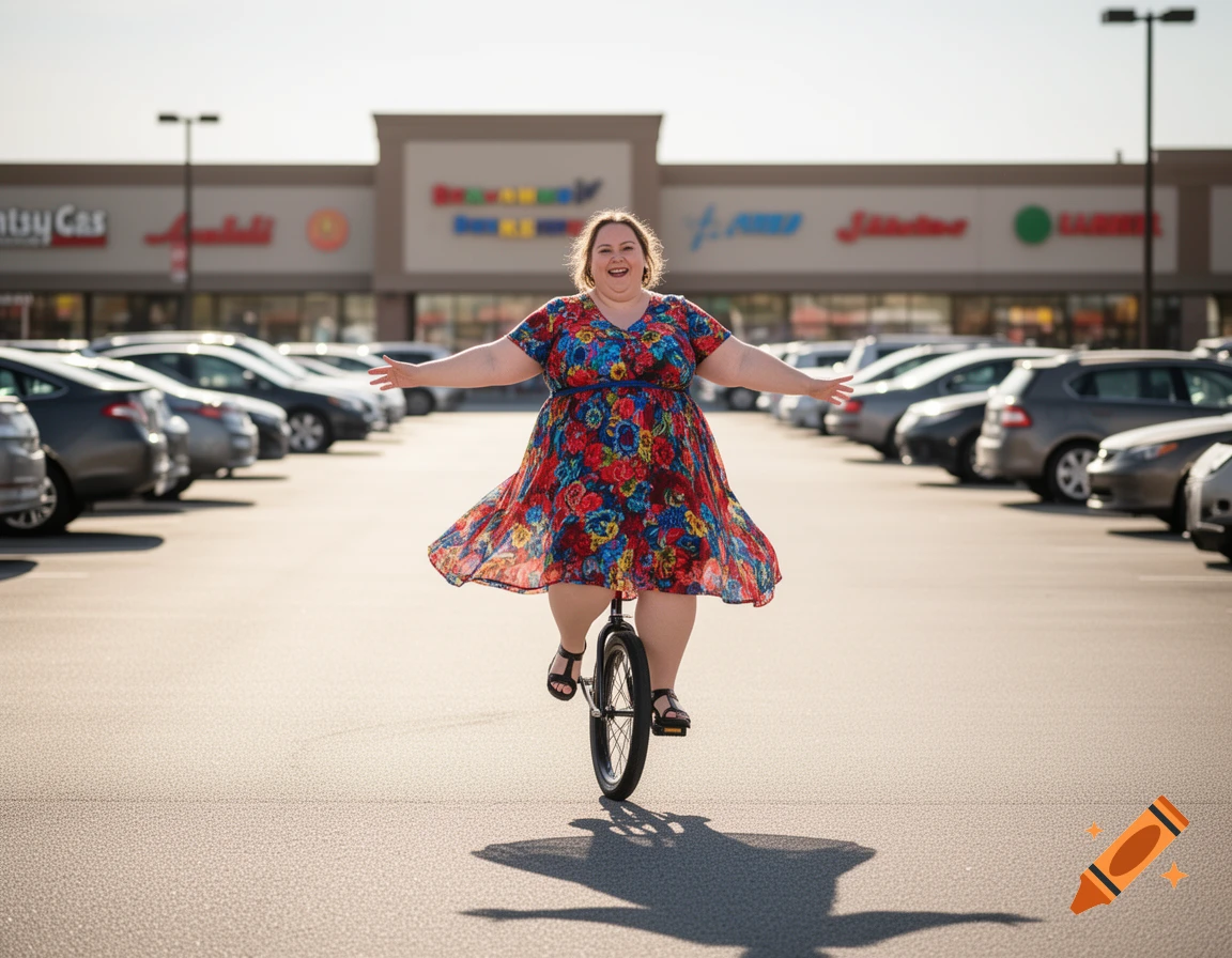 A smiling woman in a colorful floral dress rides a unicycle in a strip mall parking lot on a sunny day.