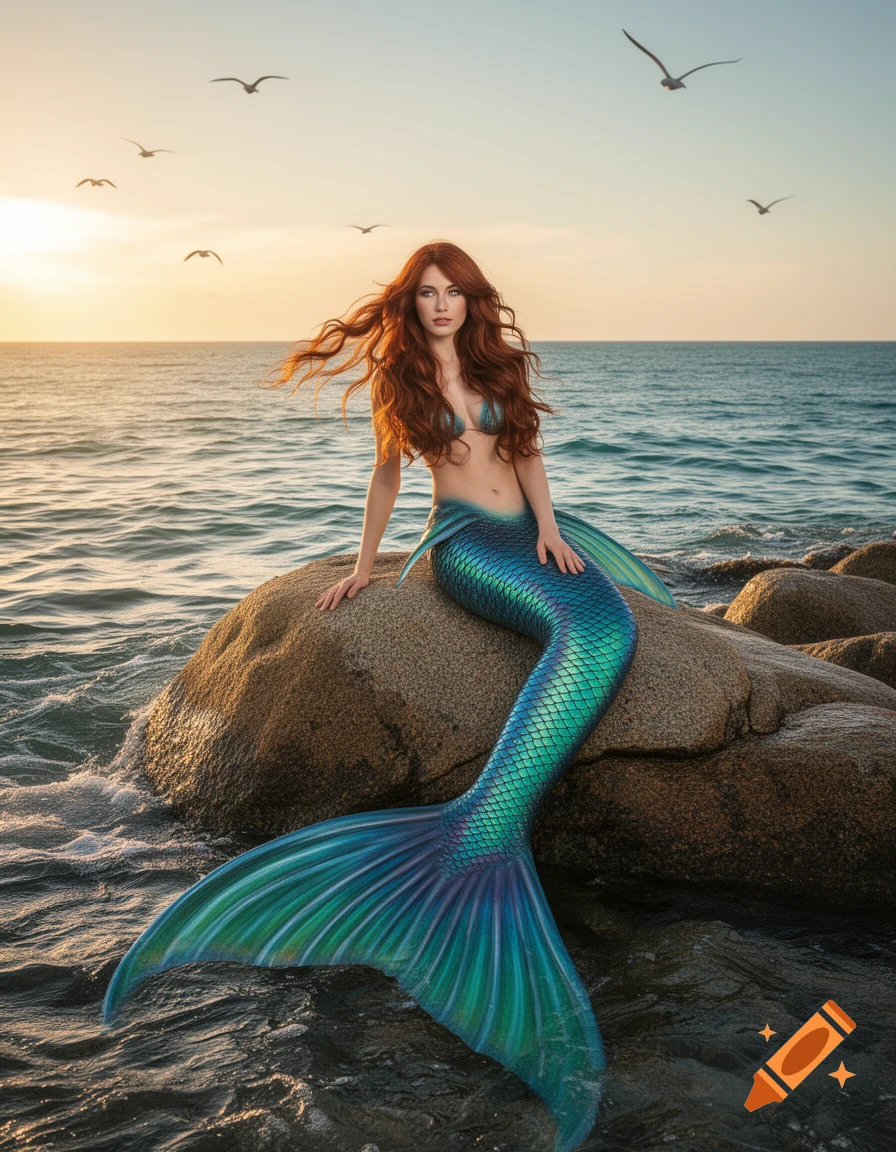 Photorealistic image of a red-haired mermaid with a shimmering blue-green tail sitting on a rock by the ocean at sunset, with birds flying.