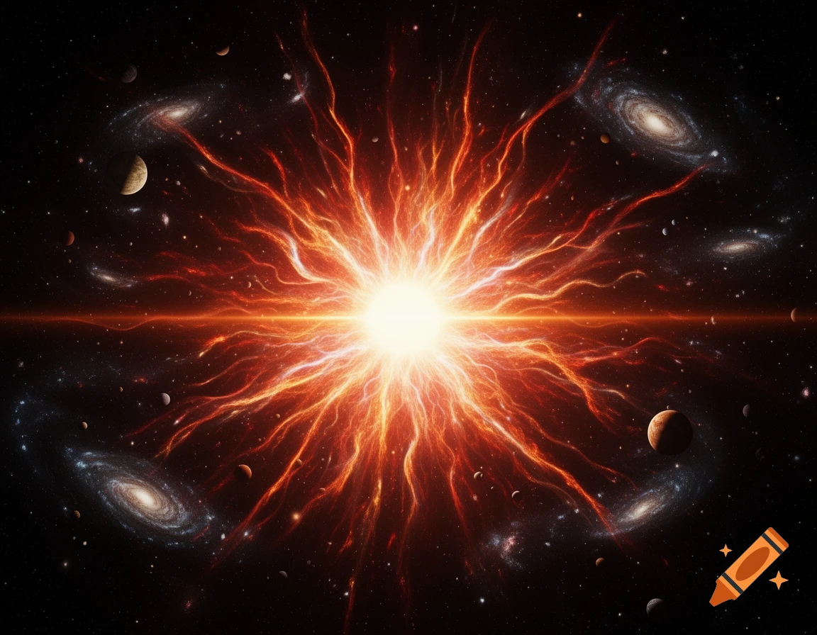 A brilliant cosmic supernova explosion with fiery tendrils extending outwards, surrounded by galaxies and planets in deep space.