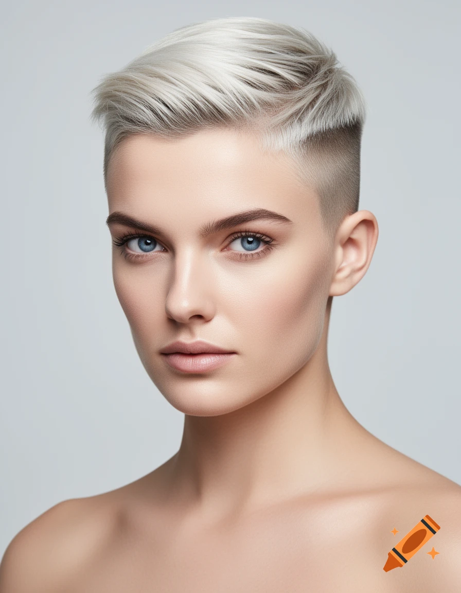 A photorealistic portrait of a woman with platinum blonde hair in an undercut style and blue eyes.
