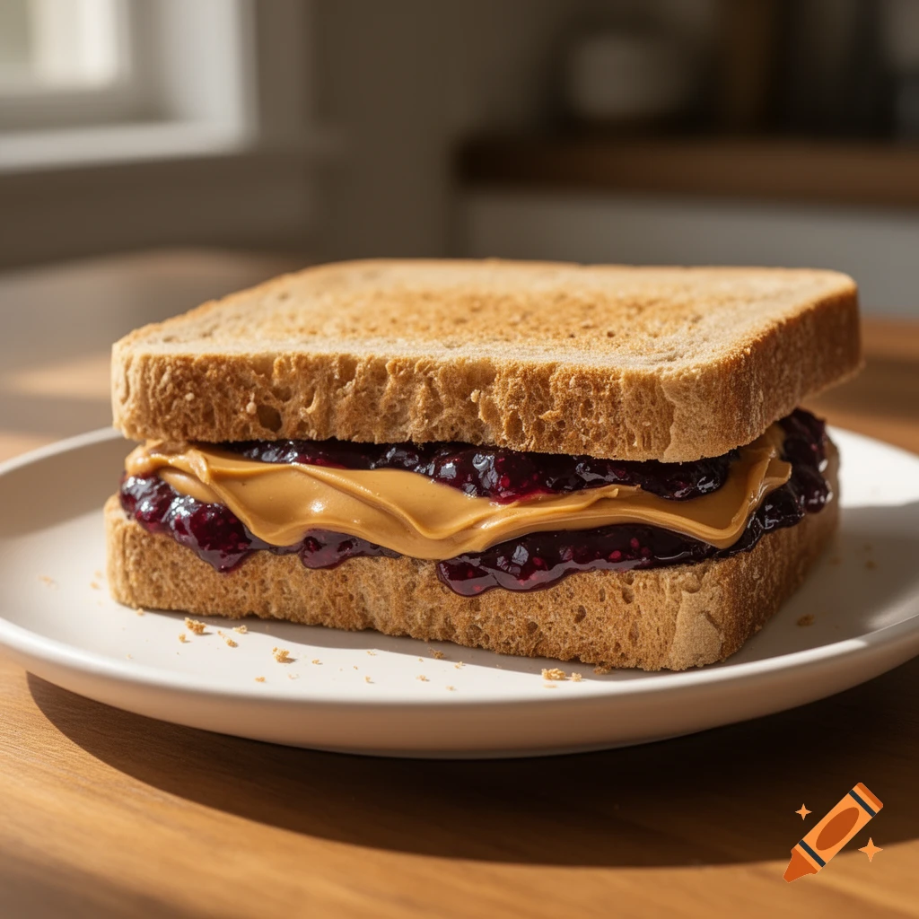 A photorealistic peanut butter and jelly sandwich on a white plate, bathed in sunlight on a wooden table.