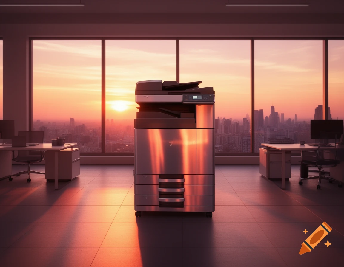 A modern office space at sunset with a large metallic copier in the center, overlooking a city skyline.