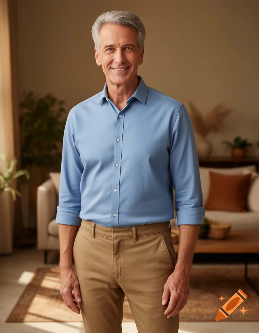 A smiling, grey-haired older man in a blue collared shirt and khaki pants stands in a modern living room.