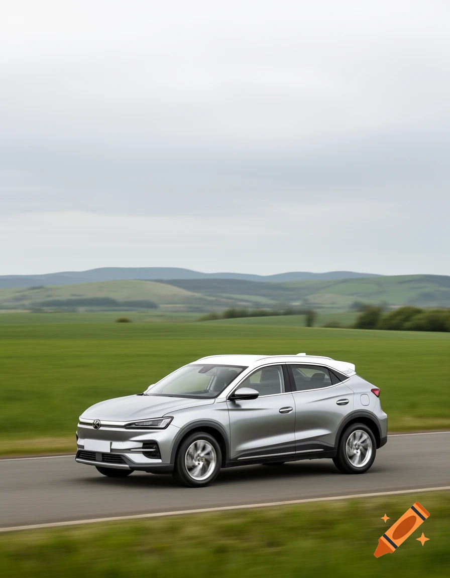 A silver crossover SUV with a white roof drives on a paved road through green, rolling hills under a cloudy sky.