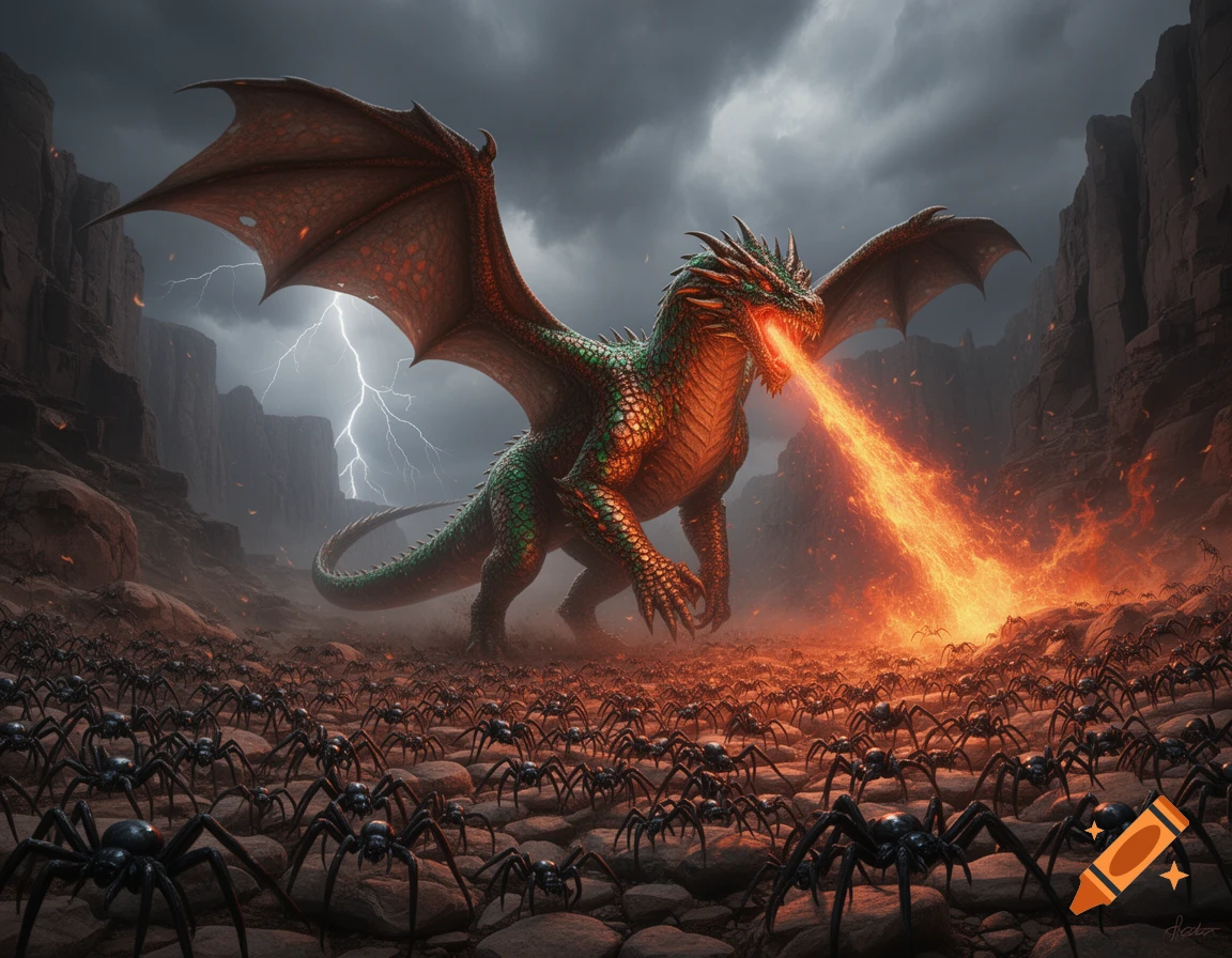 A powerful green and orange dragon with large wings breathes fire onto a vast army of black spiders in a rocky canyon under a stormy sky with lightning.