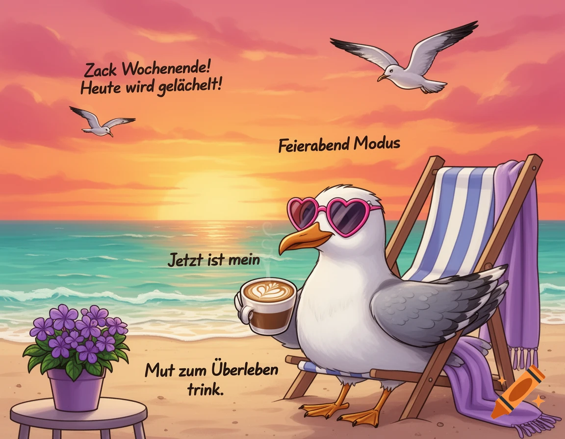A cartoon seagull wearing heart-shaped sunglasses sits in a beach chair at sunset, holding a coffee. Text reads "Zack Wochenende! Heute wird gelächelt!", "Feierabend Modus", "Jetzt ist mein", and "Mut zum Überleben trink.". Two other seagulls fly over the ocean.