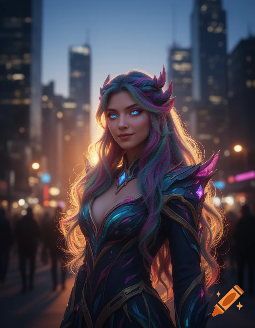 Digital art of a fantasy woman with glowing blue eyes and colorful hair in ornate armor, standing in a bustling city at dusk.