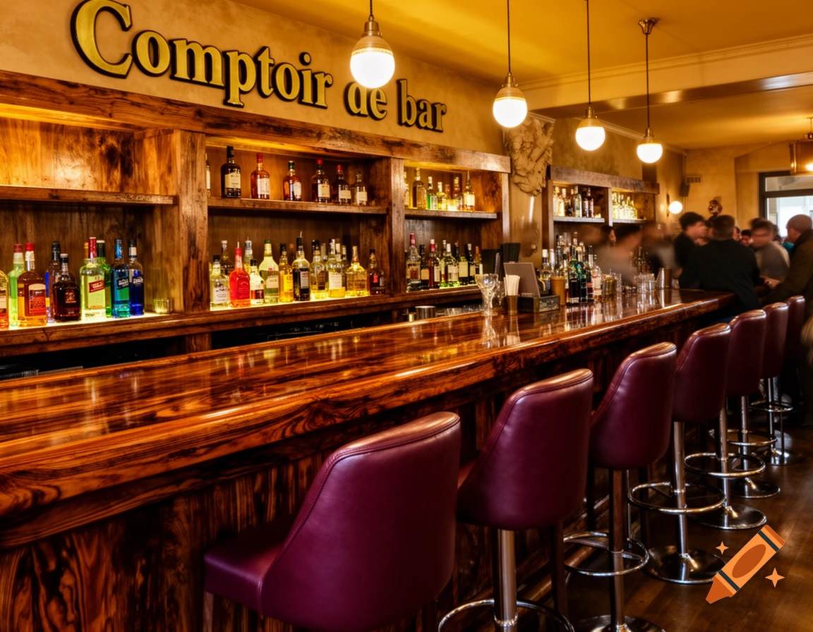 A warmly lit bar interior with a long wooden counter, red bar stools, and shelves filled with liquor bottles. People are blurred in the background.