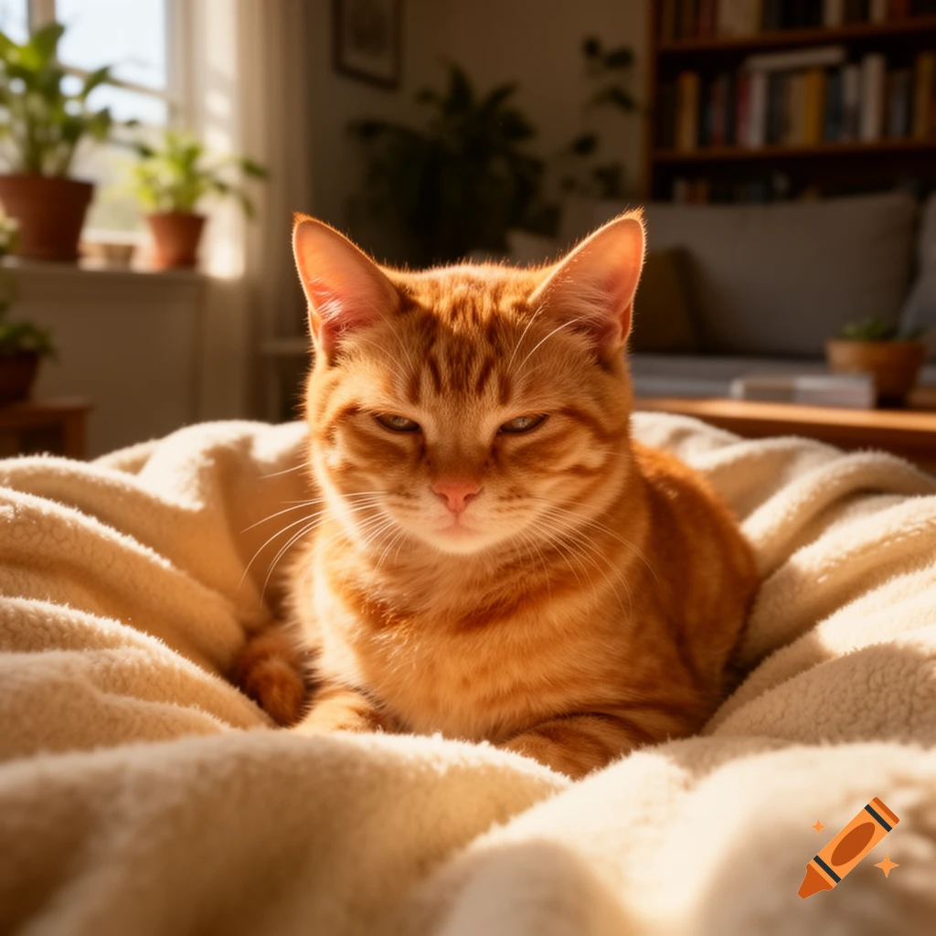 An orange tabby cat rests on a cozy beige blanket, bathed in warm sunlight in an indoor setting.