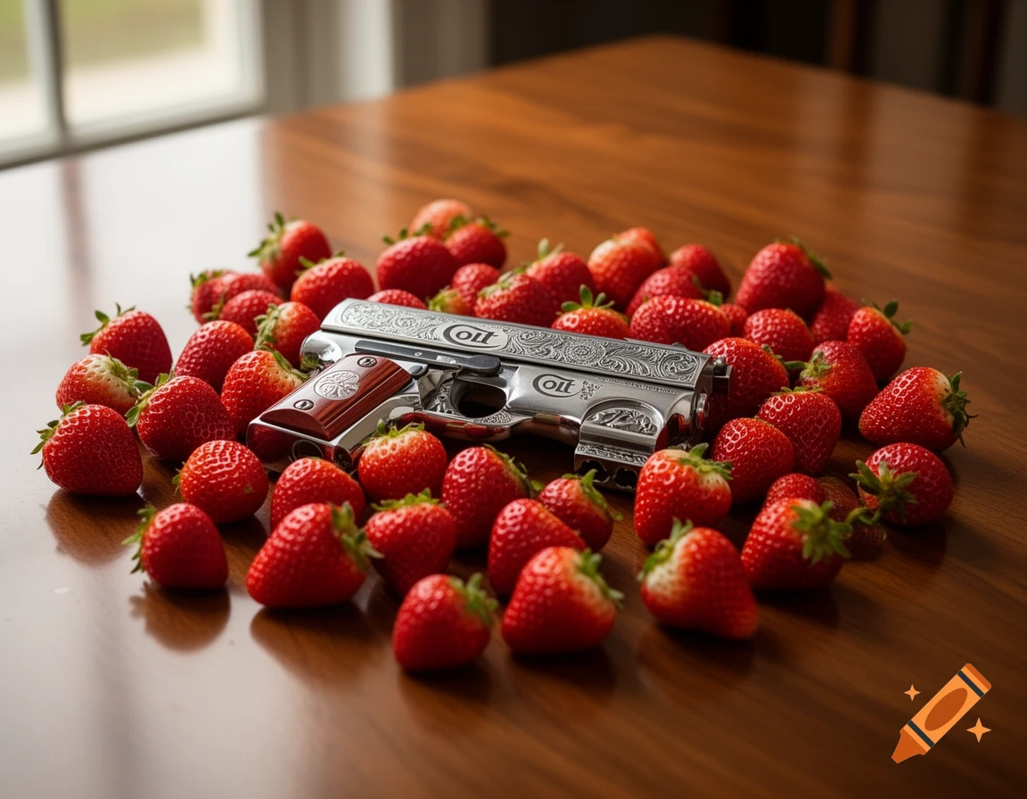A detailed silver Colt pistol with engravings lies among numerous red strawberries on a polished wooden table.