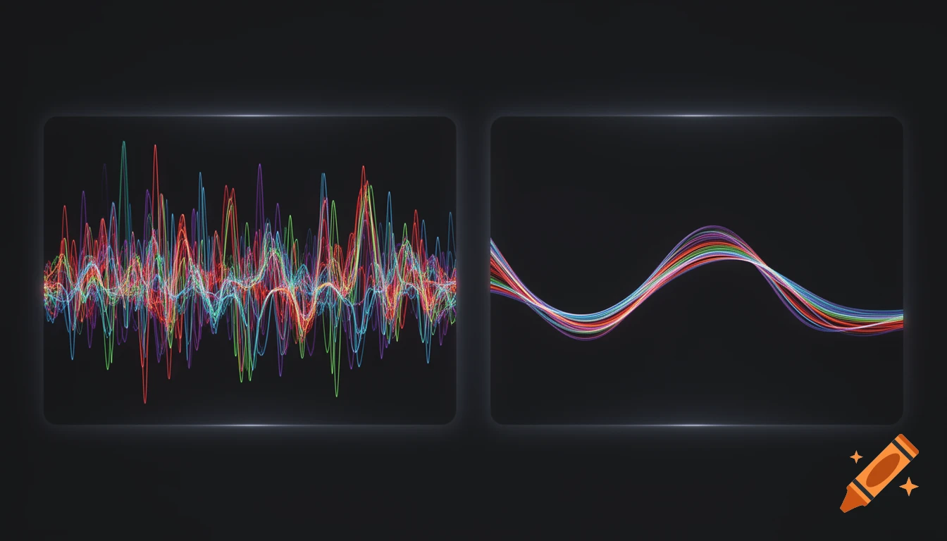Abstract data visualization with two panels. Left: chaotic multi-colored time series. Right: a single smooth multi-colored principal component.