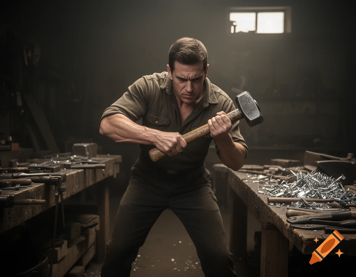 A muscular man with an angry expression holds a large hammer in a dimly lit workshop filled with tools and metal scraps.