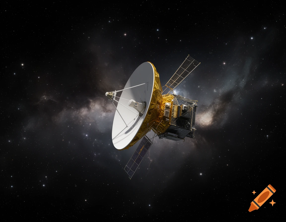 A detailed space probe with a large dish antenna and solar panels floats in dark space with stars and a faint nebula.