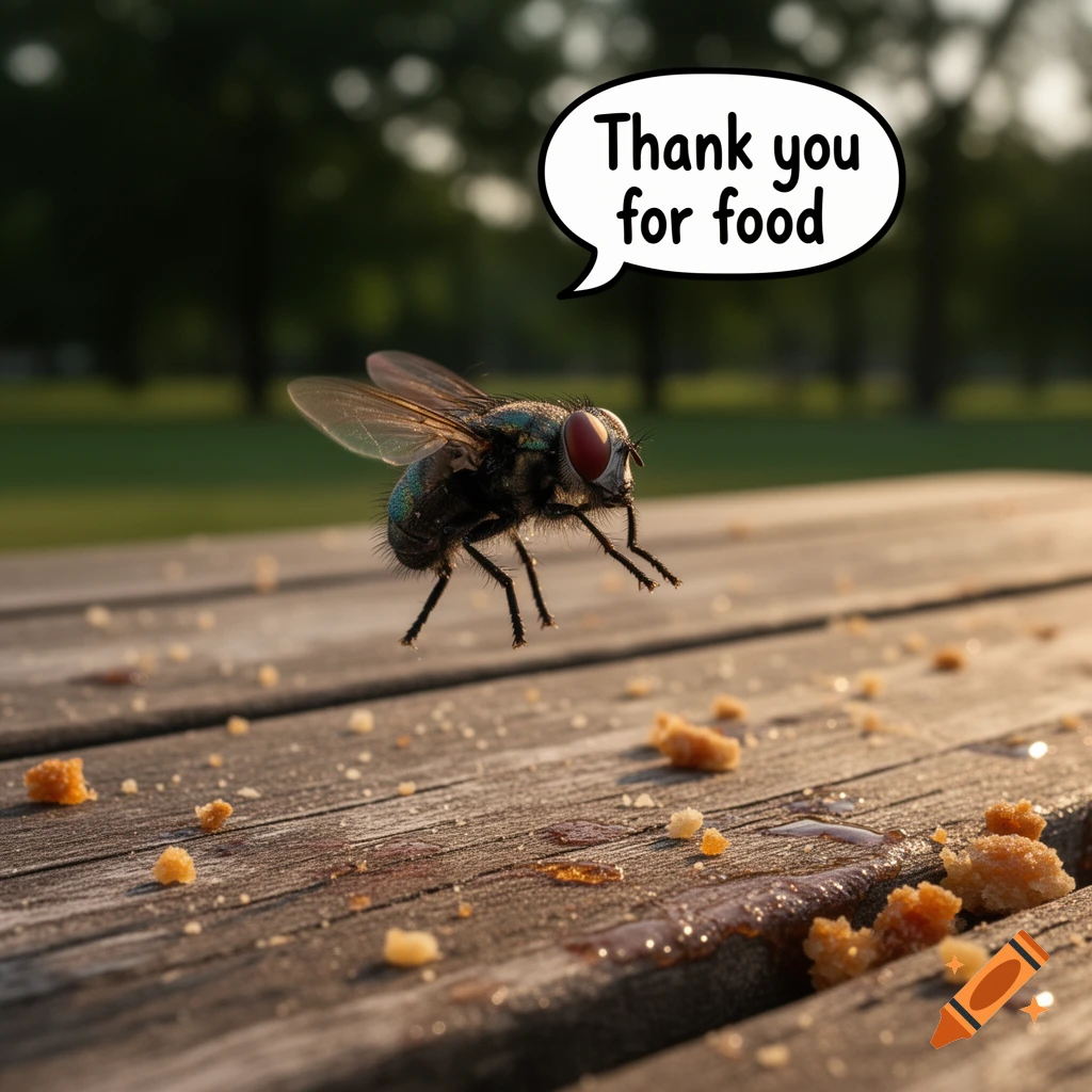 A photorealistic close-up of a fly on a crumb-covered wooden table, with a speech bubble saying 'Thank you for food'.