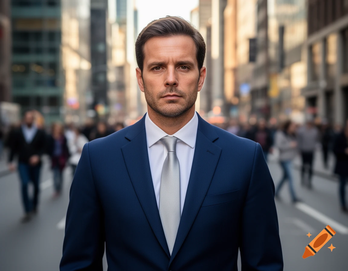 A photorealistic portrait of a stern man in a dark blue suit and grey tie, standing centered in a blurred city street.
