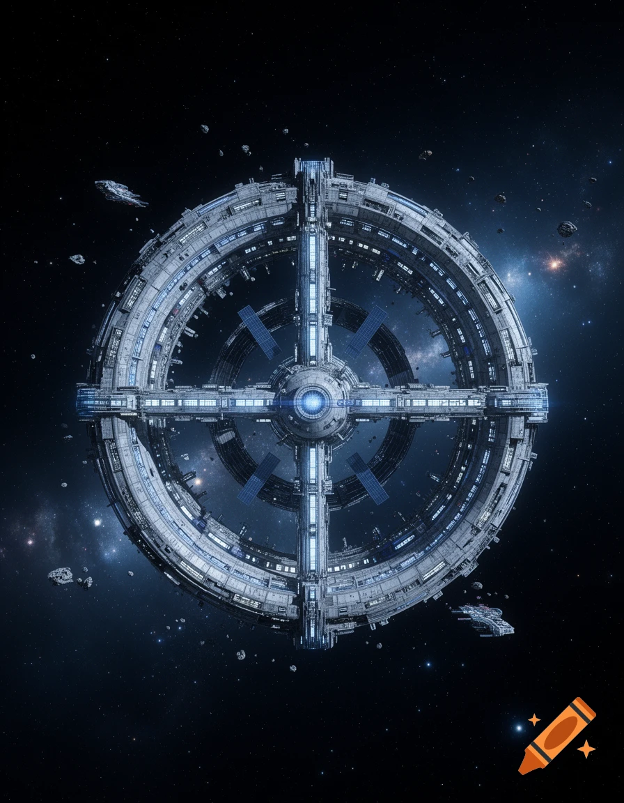 A large, circular space station with a cross-shaped core and glowing blue lights, surrounded by smaller ships and asteroids in deep space.