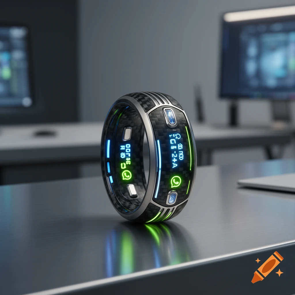 A futuristic smart ring with a carbon fiber design and glowing blue and green displays sits on a desk.