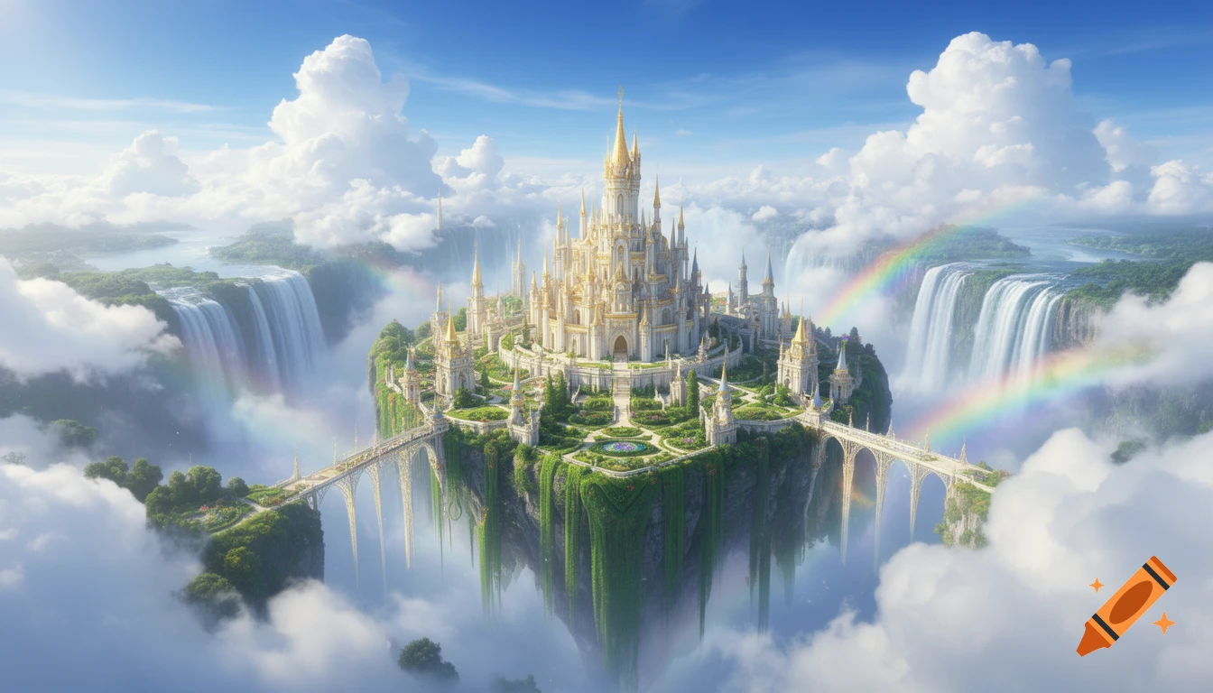 A magnificent white and gold fantasy castle floats among clouds, surrounded by waterfalls, rainbows, and lush gardens.