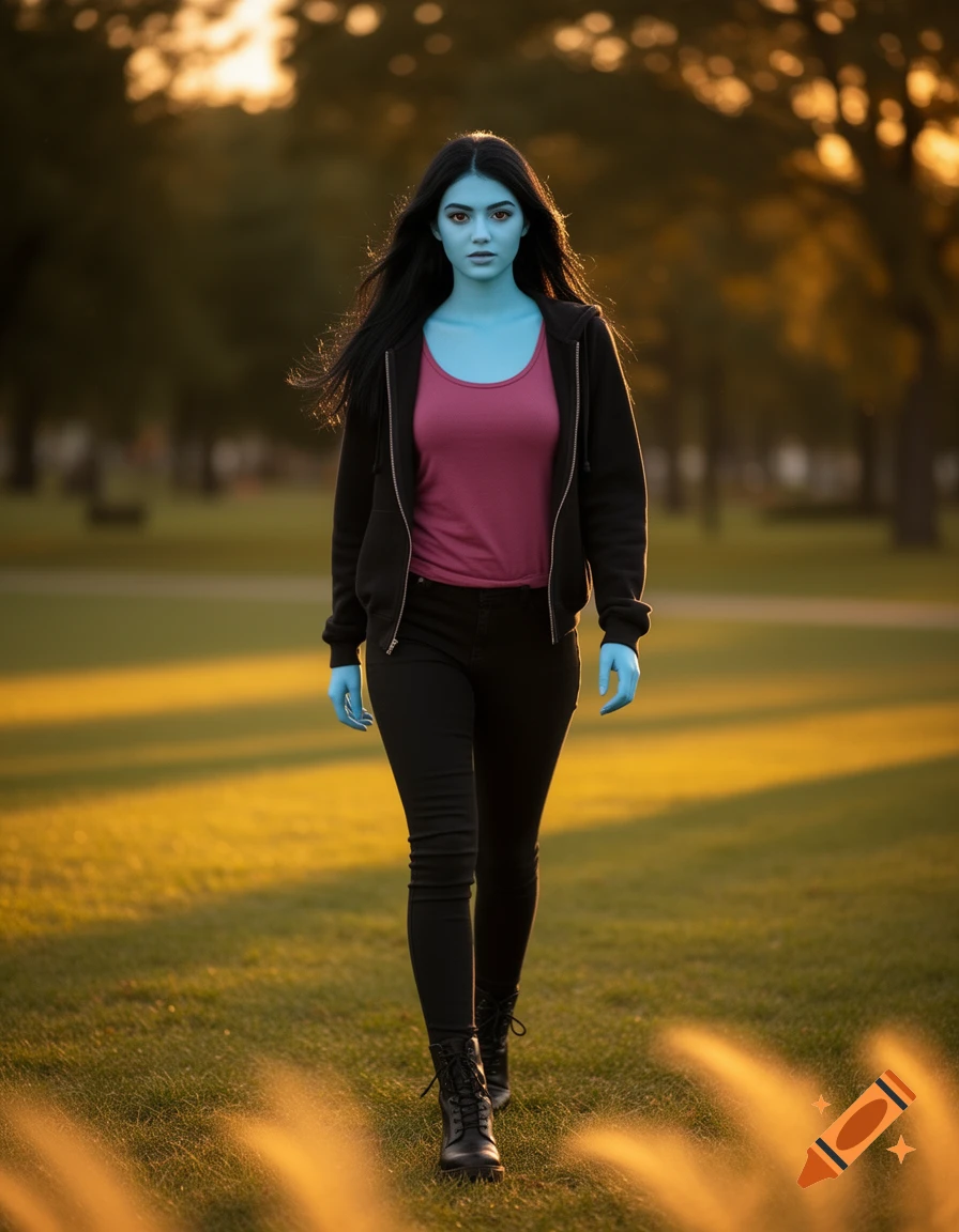 A young woman with light blue skin, dark hair, wearing a black hoodie, pink top, black jeans, and combat boots, walks through a park at sunset.