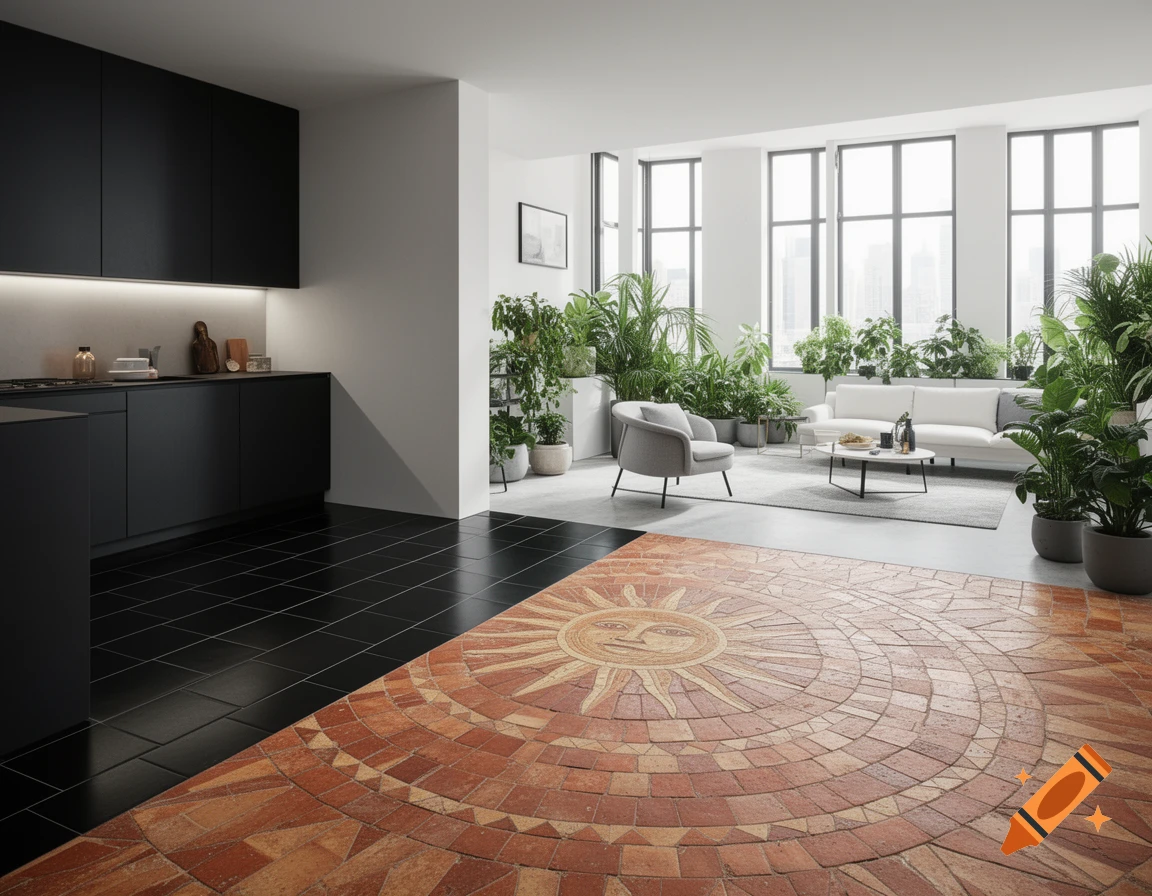 Modern open-plan kitchen with black tiles next to a living room featuring a terracotta sun mosaic floor, white sofa, and many plants.