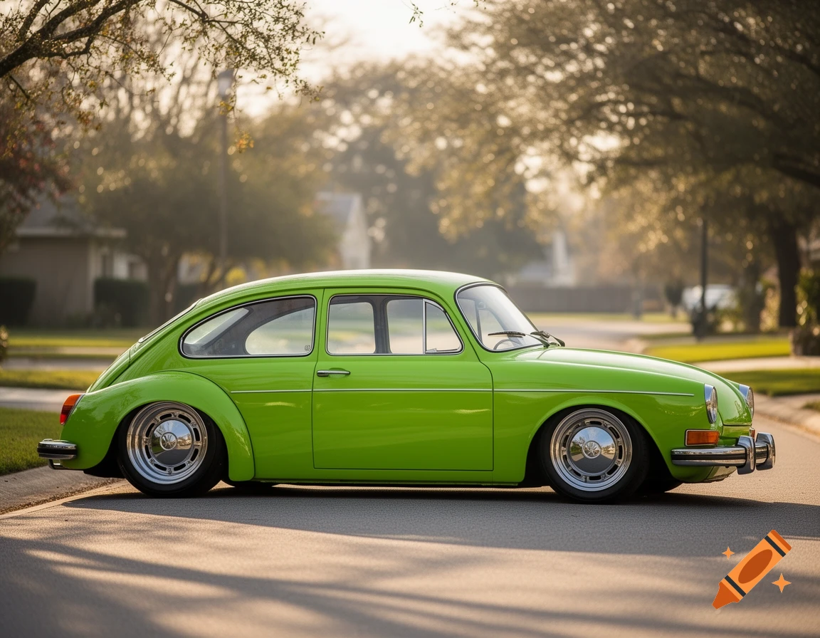 A bright lime green classic Volkswagen Type 3 Fastback, lowered with chrome hubcaps, parked on a sunlit residential street.