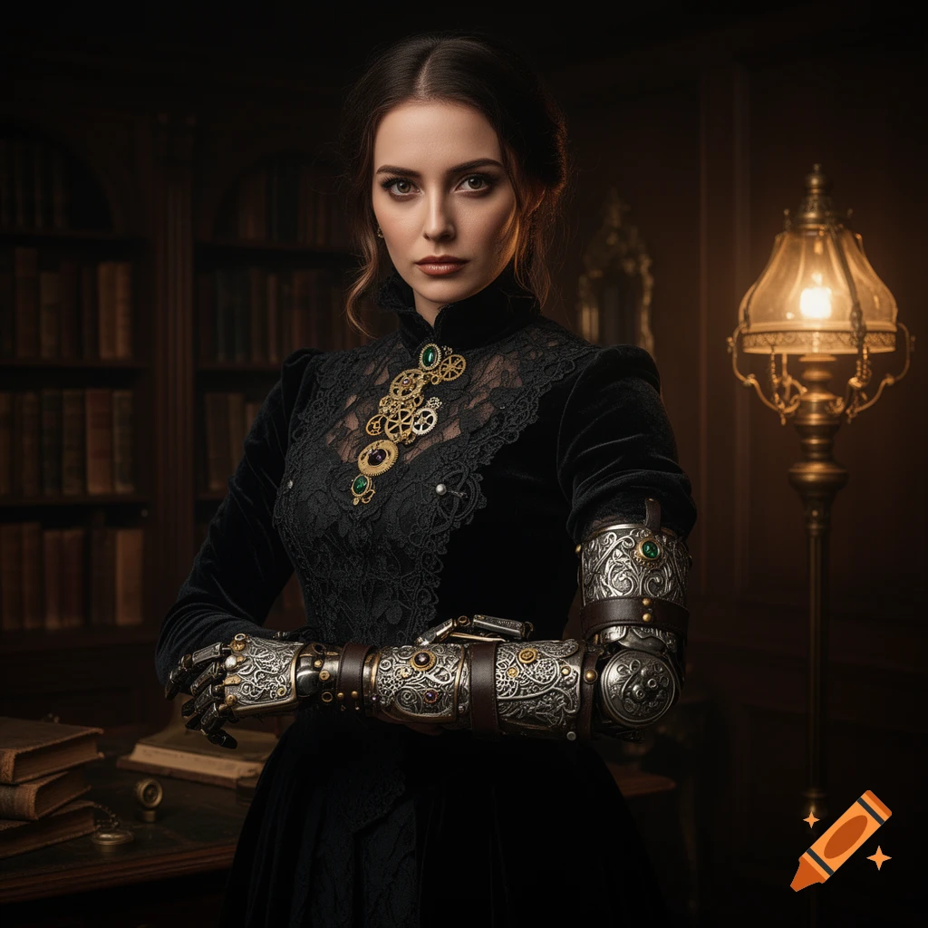 A photorealistic portrait of a woman in a black gothic steampunk dress with intricate metal prosthetic arms, standing in a dimly lit study.
